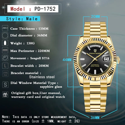Nuovo Orologio da Uomo di Lusso PAGANI DESIGN add36 Dorato 2026, Orologio Meccanico Automatico con Vetro Zaffiro AR Protettivo, Cassa in Acciaio Inossidabile, Datario, da Polso