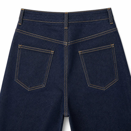 Women's Wide Leg High Waist Dark Blue Raw Denim Jeans, Yellow Contrast Stitching, Loose Fit, Leg-Shaping, Elegant Vintage Minimal Style, Ideal for Urban Outings, Work, Dates Yw‑1192J