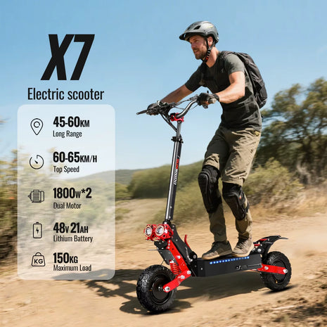 Monopattino Elettrico Fuoristrada 3600W con Doppio Motore, Velocità Massima 60-65km/h, Autonomia 45-55km, Ammortizzazione Tipo C, Pneumatici Fuoristrada da 11 Pollici, Pieghevole, Illuminazione Accattivante, Sistemi di Frena