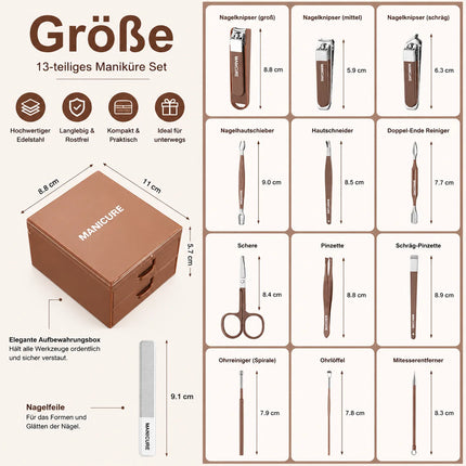 Nail Clipper Set Manicure Set 13 Piece Nail care Set with Mirror Pedicure tools Set in Elegant coffee Brown stainless steel Nail Set FOR WOMEN'S & Men gift