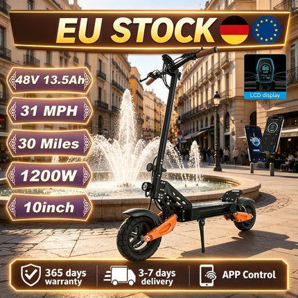 EU Stock 1200W Electric Scooter 31 Mph With A Range Of Up To 30 Miles Features Independent Front And Rear Suspension Systems For Slip Resistance And Puncture Protection Ensuring A Comfortable Ride In All Conditions Ideal For