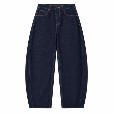 Women's High-Waisted, Wide-Leg, Raw Dark Blue Denim Jeans, Trendy Loose-Fitting and Body-Hugging Fit, Durable Anti-Deformation Fabric That Enhances the Silhouette, Urban Casual Streetwear Style, Comfortable Versatile Pants, F