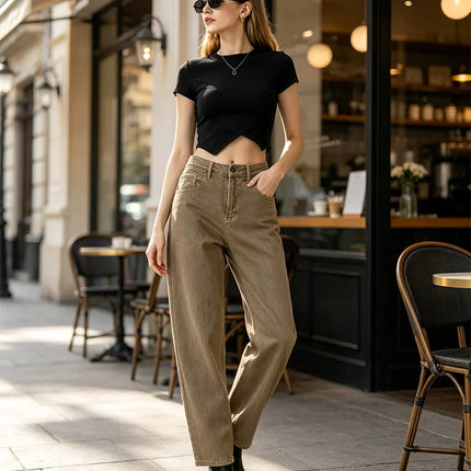 Jeans ballet woman khaki high waist wash vintage denim soft fit large pockets urban streetwear casual style ruffled silhouette ideal for daily outfits and outings FX5314-5