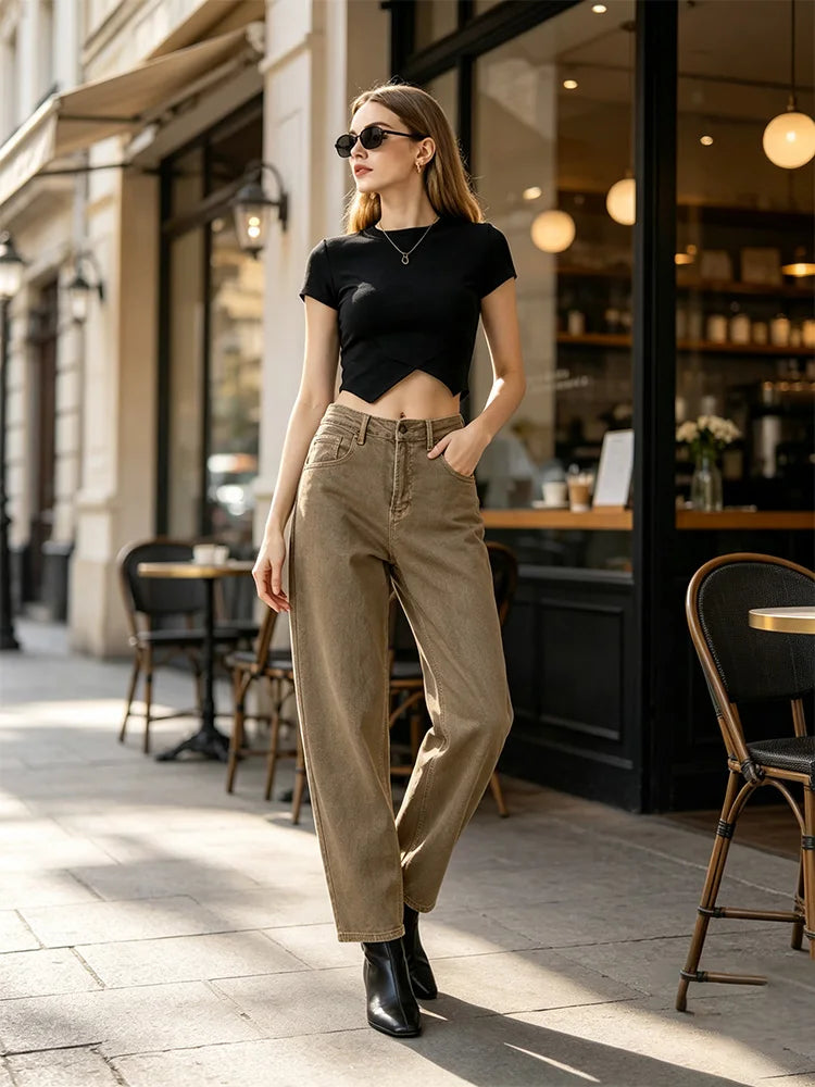 Jeans ballet woman khaki high waist wash vintage denim soft fit large pockets urban streetwear casual style ruffled silhouette ideal for daily outfits and outings FX5314-5