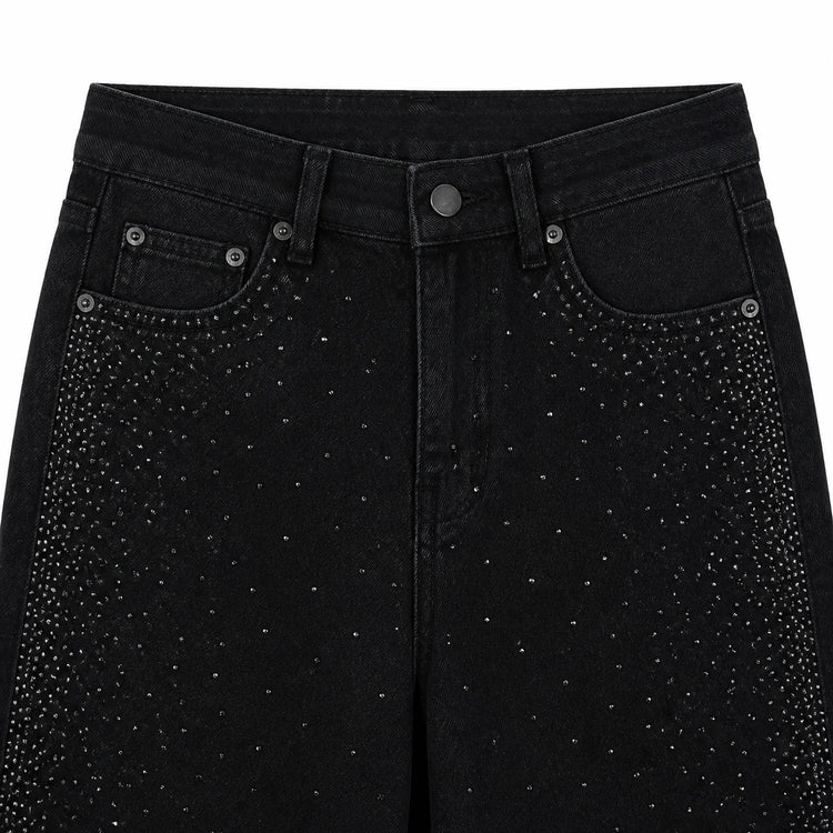 Women's Banana High Waist Denim Jeans Black Washed Rhinestones Decorative pants Wings Wide Glitter Streetwear For Urban Releases Look Fashion Glam FX5429-1