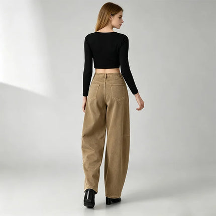 Barrel Women's Jeans High Waist Denim Washed Khaki Shaded Rhinestones Side pants Wide Curved Balloon Streetwear Retro Glam Look For City Out And Leisure FX5429-5