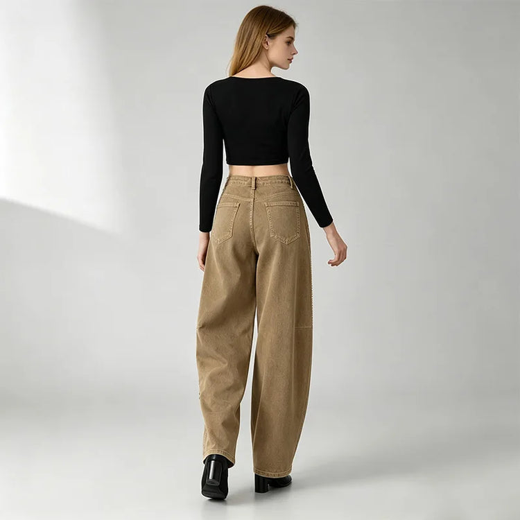 Barrel Women's Jeans High Waist Denim Washed Khaki Shaded Rhinestones Side pants Wide Curved Balloon Streetwear Retro Glam Look For City Out And Leisure FX5429-5