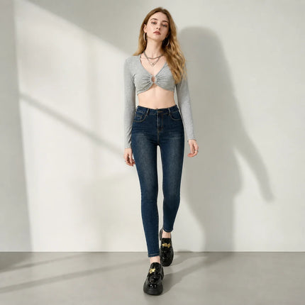 Women's Jeans Skinny High Waist Denim Dark Blue Washed Elastic pants Slim Fit Slimming Effect Streetwear Casual For City Work & Evening Outputs YW‑1641