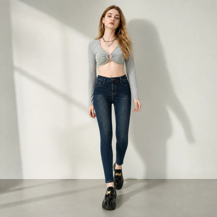 Women's Jeans Skinny High Waist Denim Dark Blue Washed Elastic pants Slim Fit Slimming Effect Streetwear Casual For City Work & Evening Outputs YW‑1641