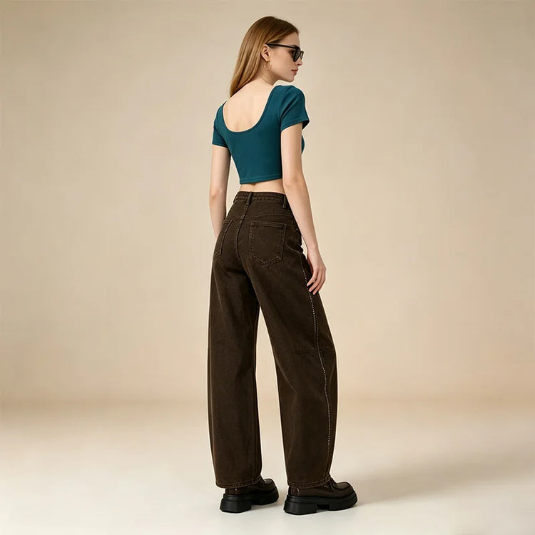 Barrel Women's Jeans High Waist Denim Brown Washed Coffee Rhinestones Side Scattered pants Wide Curved Balloon Streetwear For City Outings Look Retro Glam FX5429-4