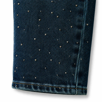 Dark Blue High Waist woman Straight Jeans Shiny Rhinestone Denim Washed Comfortable Fit Elegant City Party Outings FX5310