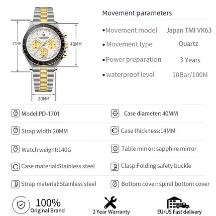 PAGANI DESIGN Nuovo Orologio da Uomo al Quarzo Orologio Luna Dorata Cronografo Sportivo VK63 con Zaffiro AR Luminoso Spedizione Locale
