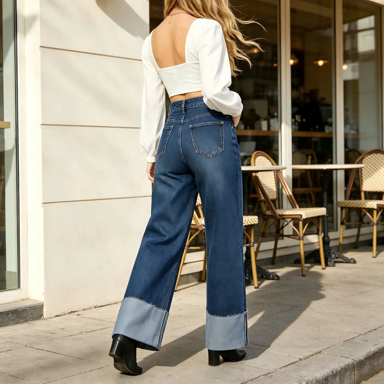 Dark Blue Wide Leg High Waist woman Jeans Loose Bottom lapel trousers Casual Sleek Comfortable Wear Daily Outings YW1329