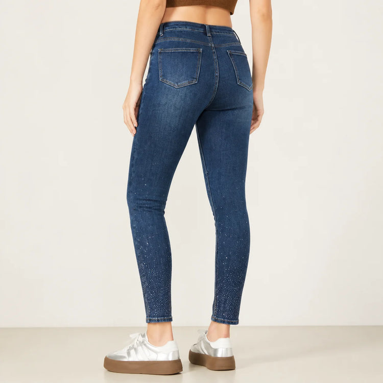 Skinny Women's Jeans High Waist with Blurred Rhinestones on the ankles, Dark Blue Denim Casual Wash, Glamorous Tight pants for Going Out and Party, XS‑XL Selling Individually FX5024