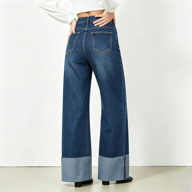 Women's High-Waisted Wide-Leg Jeans, Frayed Hem, Vintage Blue Wash, Slimming Loose Fit, Ideal for Daily Wear, Stylish Casual Look Spring Autumn Yw-1329