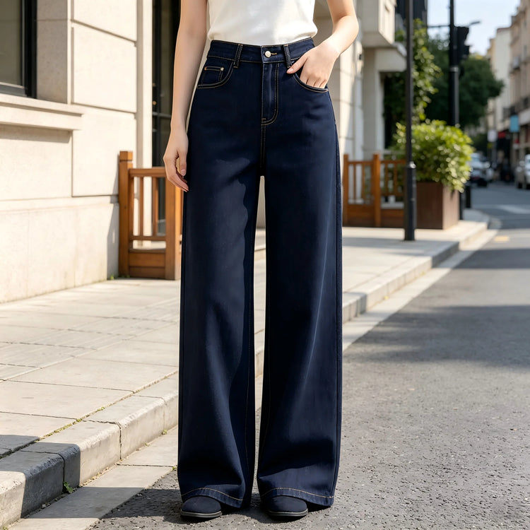 Women's High-Waisted Wide-Leg Jeans, Loose Fit with Classic Pockets, Urban Casual Style, Dark Blue Denim Pants for Modern Everyday Look Yw-1192J