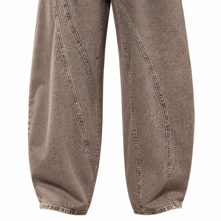 Women's Loose Barrel-Cut Jeans in Grey Acid Wash with Floral Print, Asymmetrical Stitching, Trendy High-Waisted Design, Urban Grunge Streetwear Style, Comfortable Pants, Durable Denim Fabric That Enhances the Silhouette, Fx53