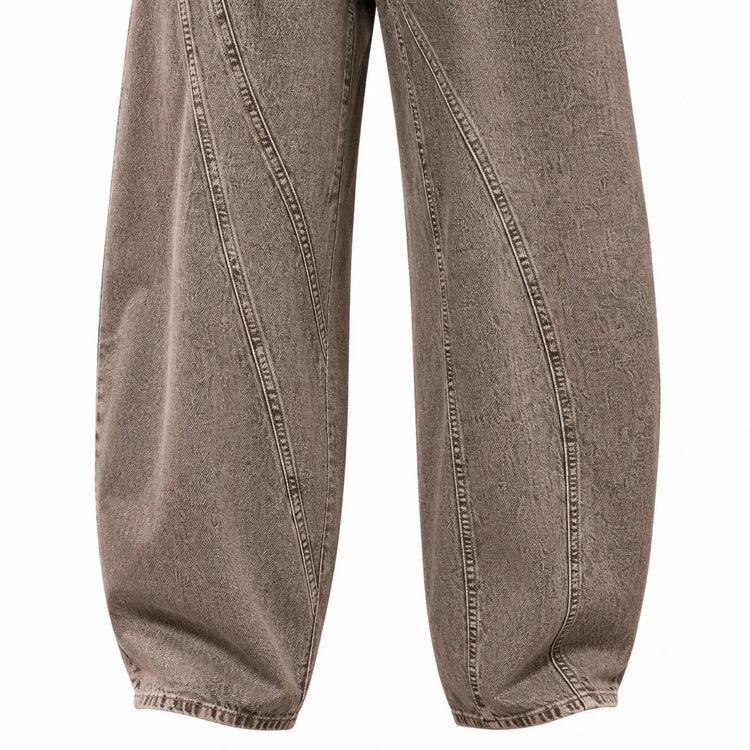 Women's Loose Barrel-Cut Jeans in Grey Acid Wash with Floral Print, Asymmetrical Stitching, Trendy High-Waisted Design, Urban Grunge Streetwear Style, Comfortable Pants, Durable Denim Fabric That Enhances the Silhouette, Fx53