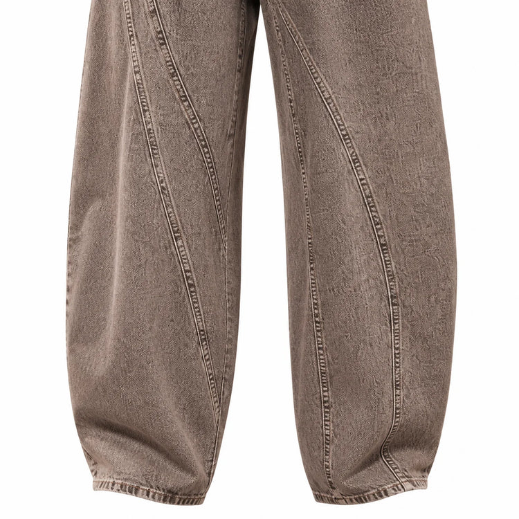 Women's Loose Barrel-Cut Jeans in Grey Acid Wash with Floral Print, Asymmetrical Stitching, Trendy High-Waisted Design, Urban Grunge Streetwear Style, Comfortable Pants, Durable Denim Fabric That Enhances the Silhouette, Fx53