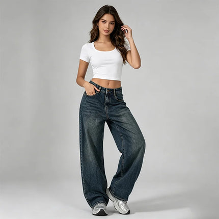 Dark Blue Denim Barrel Wide Leg woman Jeans High Waist Loose Fit Vintage Wash Casual Streetwear Shaped Stitching trousers Maximum Comfort Urban Look daily outings and trending outfits YW1847
