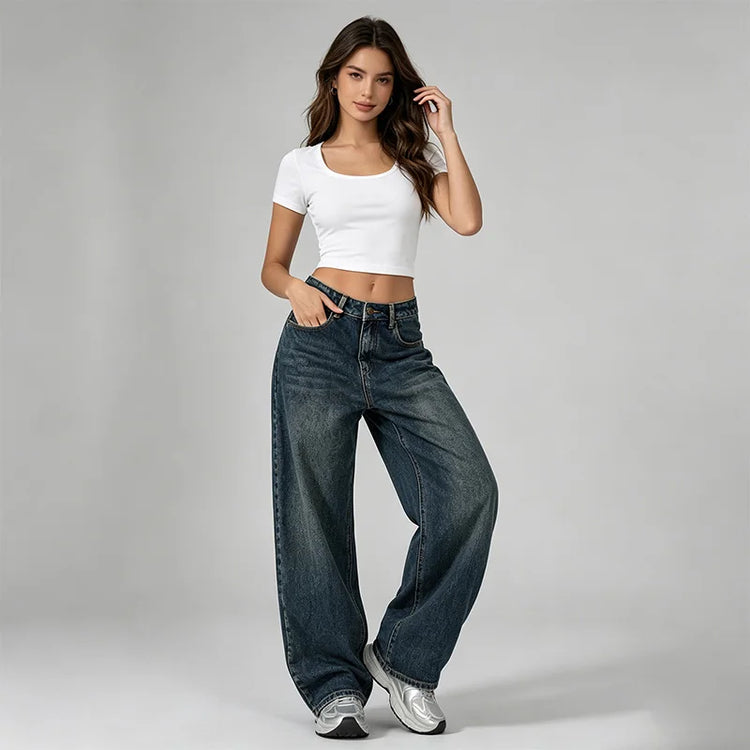 Dark Blue Denim Barrel Wide Leg woman Jeans High Waist Loose Fit Vintage Wash Casual Streetwear Shaped Stitching trousers Maximum Comfort Urban Look daily outings and trending outfits YW1847