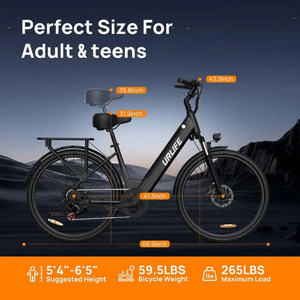Bicicletta Elettrica URLIFE E26 con Pneumatici 26x2 Pollici, Batteria Rimovibile 48V 10.4Ah, Display LCD, 7 Velocità, Freno a Disco Idraulico, per Adulti e Città