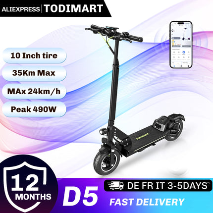 Monopattino elettrico Todimart D5S 490W 48V 10.4AH, autonomia 24KM, pneumatici fuoristrada da 10 pollici, sistema di sospensioni rigide, monopattino elettrico per adulti con APP.