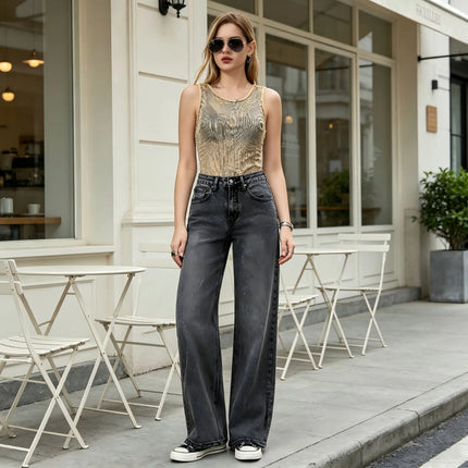 Women's High-Waisted Wide-Leg Jeans in Gray and Black Vintage Style, Trendy Frayed Hem Loose Fit, Stylish Casual Pants in Streetwear Style, Retro Distressed Wash, Flowy Cut That Elongates Legs and Enhances the Silhouette, Fx5