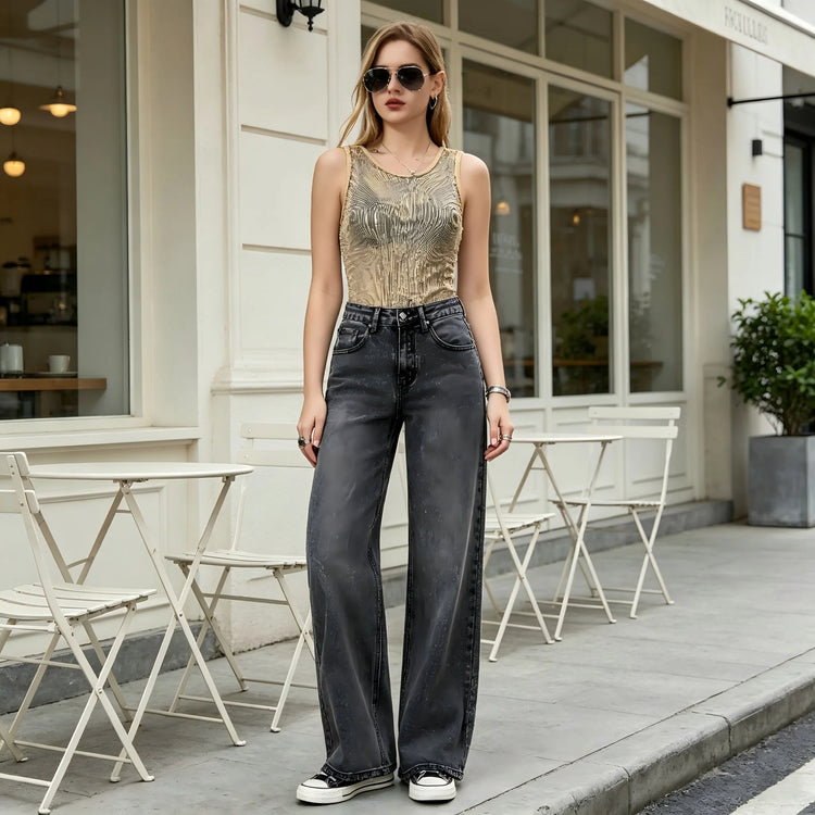 Women's High-Waisted Wide-Leg Jeans in Gray and Black Vintage Style, Trendy Frayed Hem Loose Fit, Stylish Casual Pants in Streetwear Style, Retro Distressed Wash, Flowy Cut That Elongates Legs and Enhances the Silhouette, Fx5