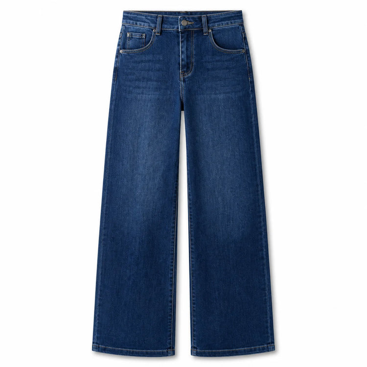 Woman High Waist Wide Leg Jeans Dark Blue Classic Wash Denim Elastic Soft Fit Modern Casual Ideal For Daily Outing And Urban Look Values The Silhouette Hails Legs YW1190
