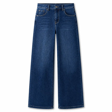 Woman High Waist Wide Leg Jeans Dark Blue Classic Wash Denim Elastic Soft Fit Modern Casual Ideal For Daily Outing And Urban Look Values The Silhouette Hails Legs YW1190