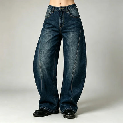 Women's Loose-Fitting Dark Blue Barrel-Leg Jeans, Denim with Decorative Stitching, Trendy High-Waisted Design, Casual Urban Streetwear Style, Durable Fabric, Comfortable Fit That Enhances Your Silhouette, Maximum Freedom of M