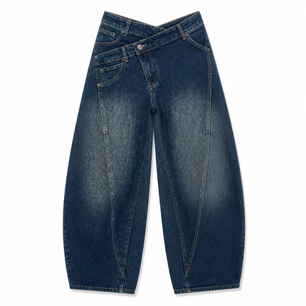 Asymmetric Cross Waist woman Wide Barrel Leg Jeans Dark Blue Denim Vintage Wash Streetwear trousers Shaped Stitching Wide Fit Comfortable Urban Look Daily Fashion Outings YW-1668