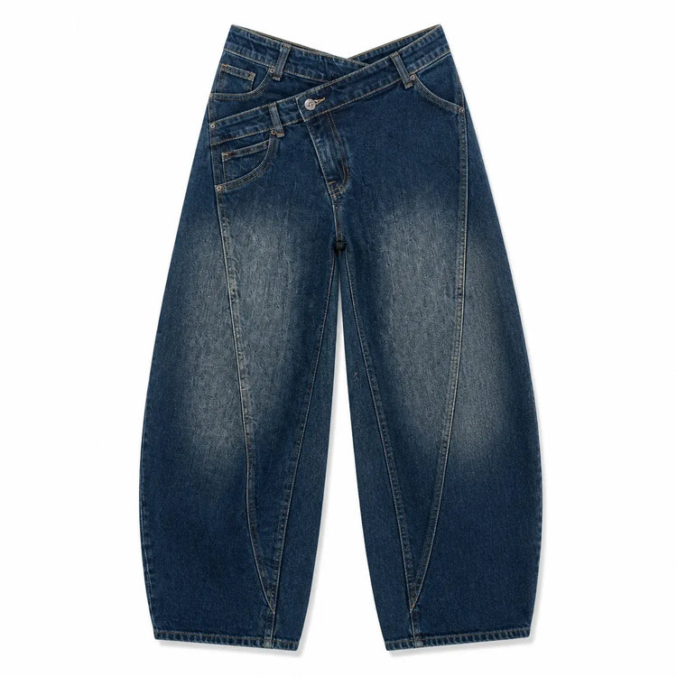Asymmetric Cross Waist woman Wide Barrel Leg Jeans Dark Blue Denim Vintage Wash Streetwear trousers Shaped Stitching Wide Fit Comfortable Urban Look Daily Fashion Outings YW-1668