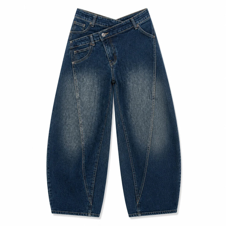 Asymmetric Cross Waist woman Wide Barrel Leg Jeans Dark Blue Denim Vintage Wash Streetwear trousers Shaped Stitching Wide Fit Comfortable Urban Look Daily Fashion Outings YW-1668