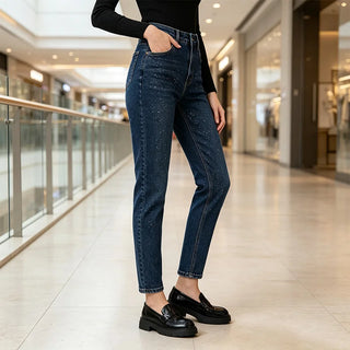 Dark Blue High Waist woman Straight Jeans Shiny Rhinestone Denim Washed Comfortable Fit Elegant City Party Outings FX5310