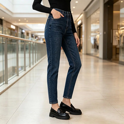 Dark Blue High Waist woman Straight Jeans Shiny Rhinestone Denim Washed Comfortable Fit Elegant City Party Outings FX5310