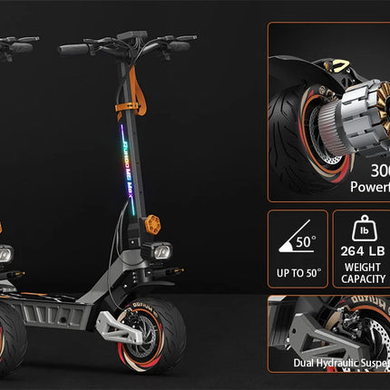 Ruitoo M6MAX Scooter elettrico Doppi motori 3000W 70KM Portata 82 km/h Velocità 60V/20,8AH Batteria Pneumatici fuoristrada da 11 pollici Pieghevoli
