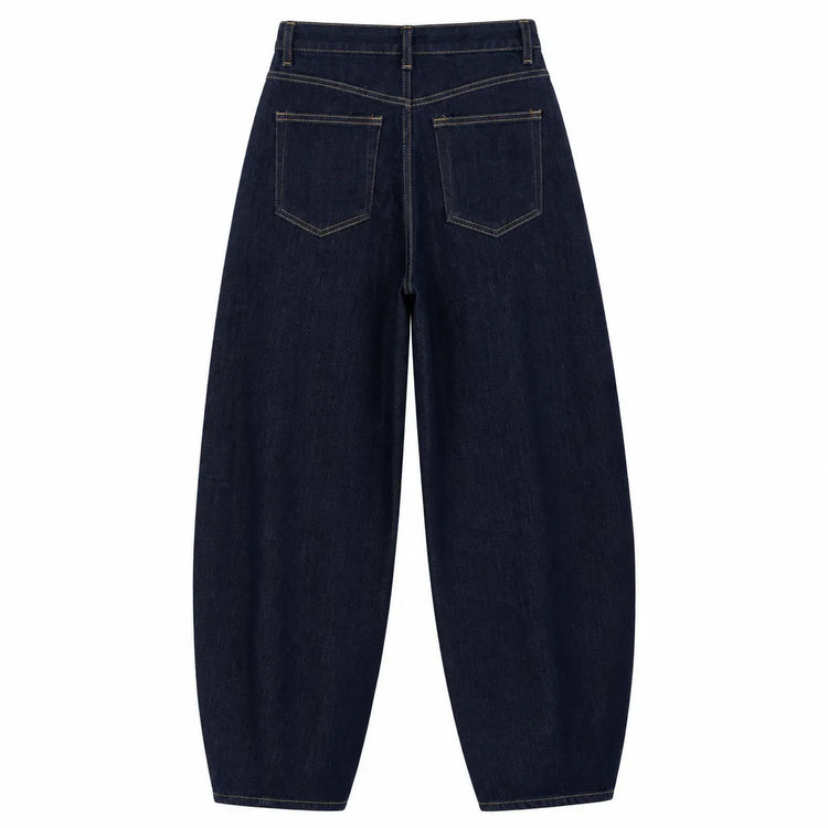 Women's High-Waisted, Wide-Leg, Raw Dark Blue Denim Jeans, Trendy Loose-Fitting and Body-Hugging Fit, Durable Anti-Deformation Fabric That Enhances the Silhouette, Urban Casual Streetwear Style, Comfortable Versatile Pants, F