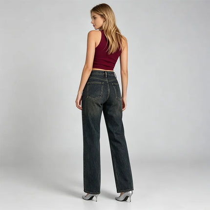 Women's Jeans Big Leg High Waist Denim Blue-Black Wash Vintage Effect Texture Used Thin pants Casual Streetwear For Urban Outing and Daily Look FX563-1