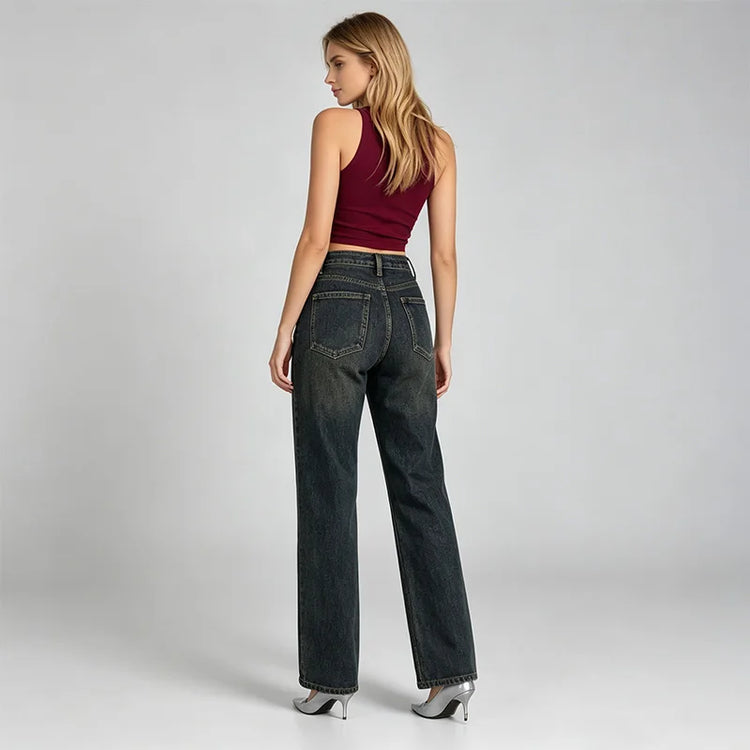 Women's Jeans Big Leg High Waist Denim Blue-Black Wash Vintage Effect Texture Used Thin pants Casual Streetwear For Urban Outing and Daily Look FX563-1