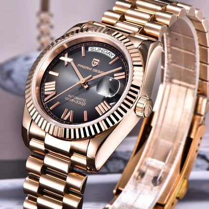 Nuovo orologio automatico di lusso PAGANI DESIGN da uomo, oro rosa, con movimento meccanico, vetro zaffiro AR, data, acciaio inossidabile, regalo per uomo