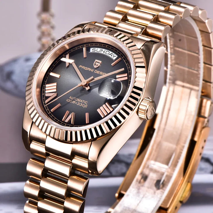 Nuovo orologio automatico di lusso PAGANI DESIGN da uomo, oro rosa, con movimento meccanico, vetro zaffiro AR, data, acciaio inossidabile, regalo per uomo