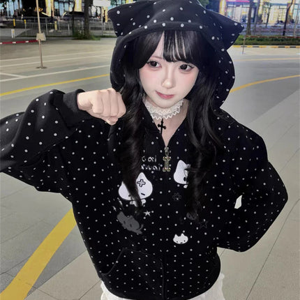 Japanese Y2k Hoodies Jackets Women Clothes Polka Dot Cat Print Sweatshirts 2025 Ropa Mujer Casual Chic Hooded Cute Hoodie Tops