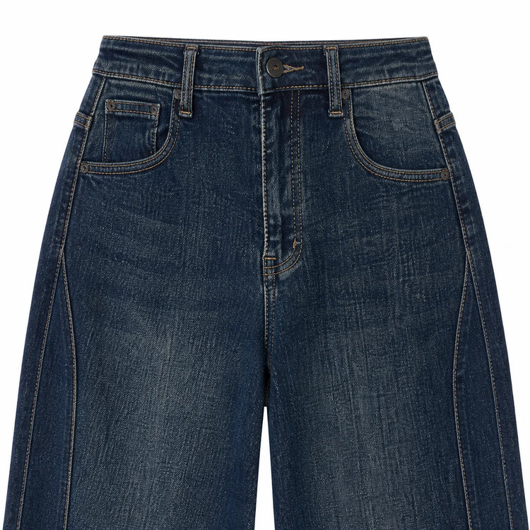 Dark Blue woman Jeans Balloon High Waist Panel Stitching Denim Loose Fit Loose Pockets Urban Streetwear Casual Look Trendy Fashion Outfits Daily Outlets FX5243-5