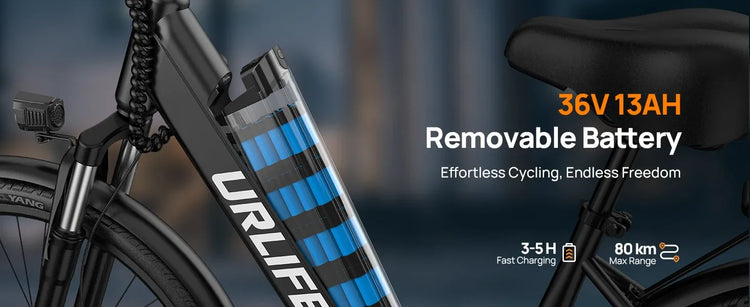 Urlife E26 750W Peak Bicicletta Elettrica per Pendolari a Lungo Raggio, Pneumatici 26×2 Pollici, Batteria al Litio Rimovibile ad Alta Capacità 36V 13Ah, 7 Velocità, Freno Idraulico, Display LCD