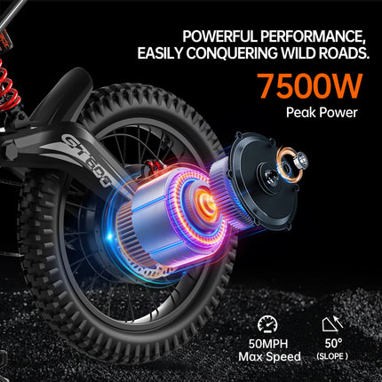 GT600 Moto Elettrica da Fuoristrada con Sospensione Completa, Motore ad Alta Potenza 7500W, Batteria al Litio Rimovibile 72V 30AH, Autonomia Massima 150KM, Ammortizzazione Completa, Moto Elettrica per Adulti, Bicicletta Elett