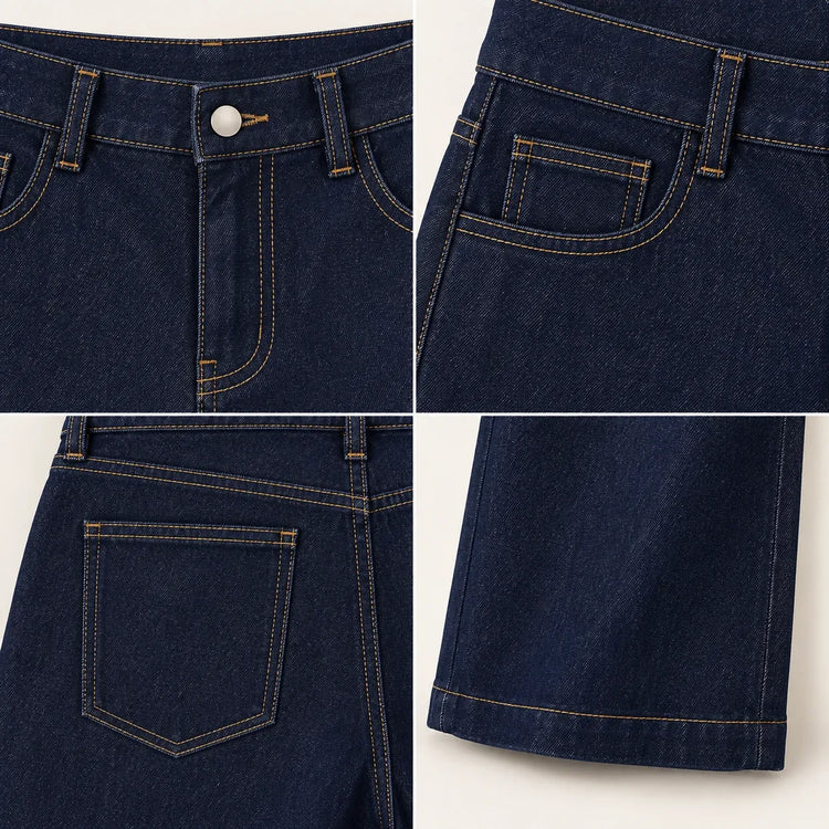 Women's High-Waisted Wide-Leg Raw Blue Jeans, Trendy Original Multi-Pocket Denim Pants, Flowy Fit That Enhances the Silhouette, Versatile Urban Casual Style, Durable Quality Fabric, Ideal for Everyday Outfits Yw-1192J