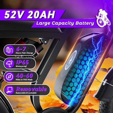 Bicicletta Elettrica DEEPOWER SU8 per Tutti i Terreni, Motore Brushless ad Alte Prestazioni da 1500W, Batteria Rimovibile ad Alte Prestazioni da 52V 20Ah, Bici Elettrica per Adulti con Freni Idraulici a 7 Velocità, Doppia So