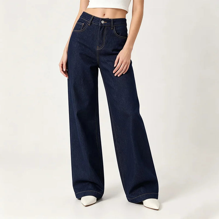 Women's Wide-Leg High-Waisted Dark Blue Denim Jeans, No Brand, Loose Cut That Flatters the Silhouette, Trendy Comfortable Fit, Versatile Urban Casual Style, Durable Denim Fabric, Perfect for Everyday Looks, Yw-1192J